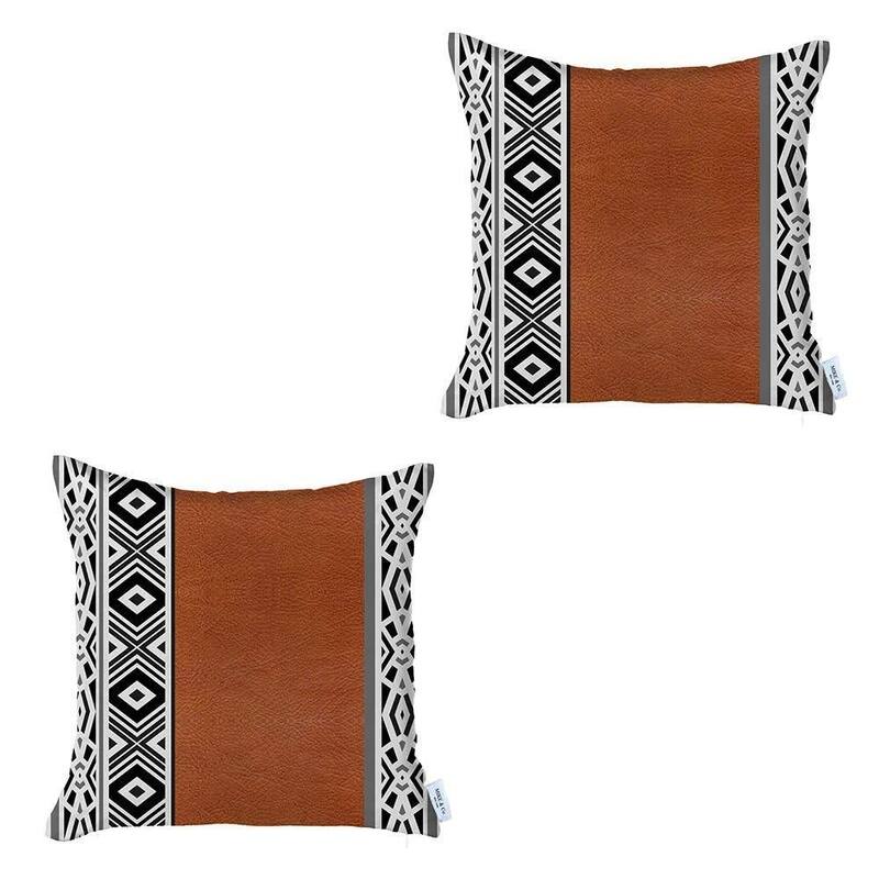 Set Of Two 17" X 17" Brown Geometric Zippered Handmade Faux Leather Throw Pillow Cover Bed